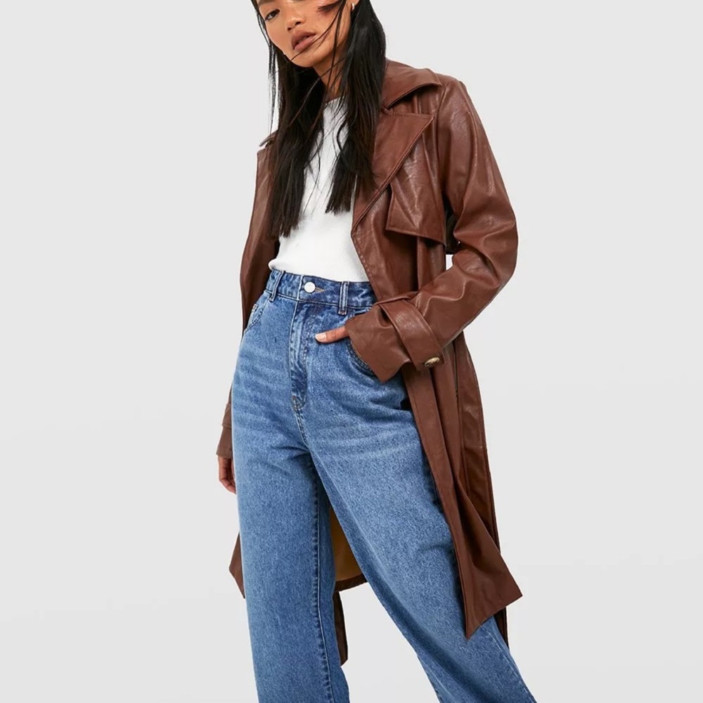 NWT Boohoo BELTED FAUX LEATHER TRENCH COAT